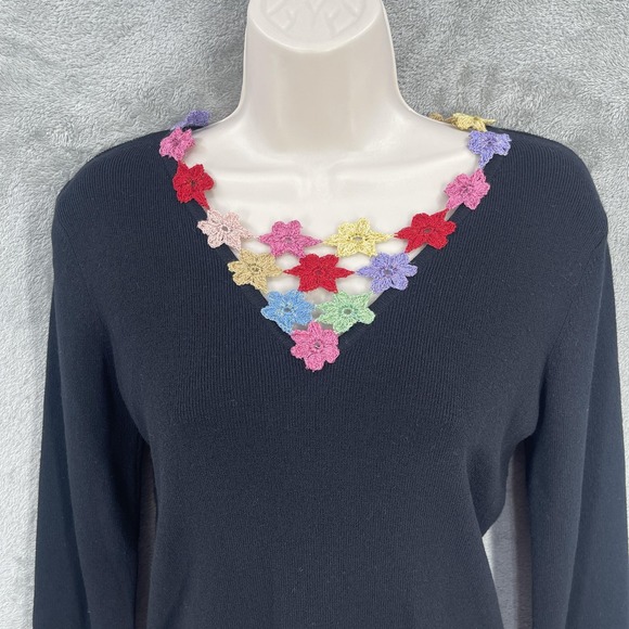 Northern Isles Preppy Sweater Women Feminine Colorful Crochet Floral Trim Size S - Picture 9 of 10